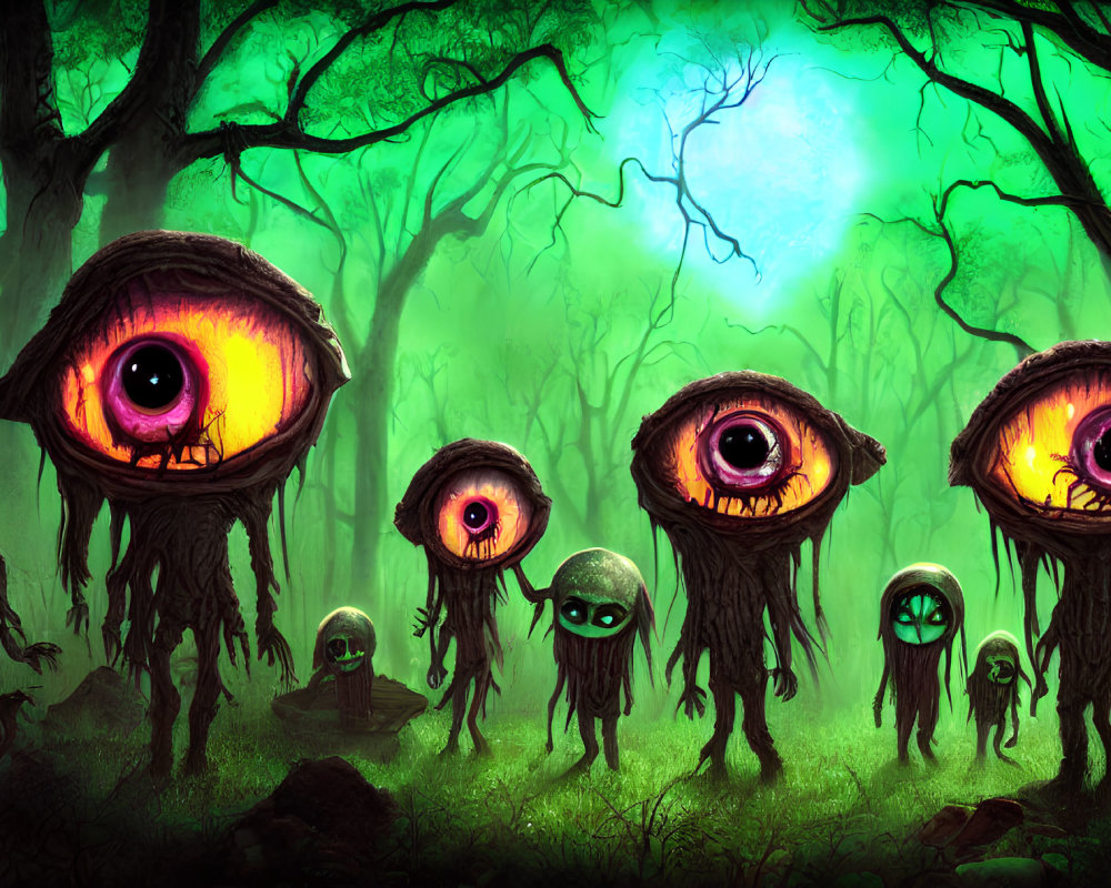 Mysterious Forest with Glowing-Eyed Creatures among Twisted Trees