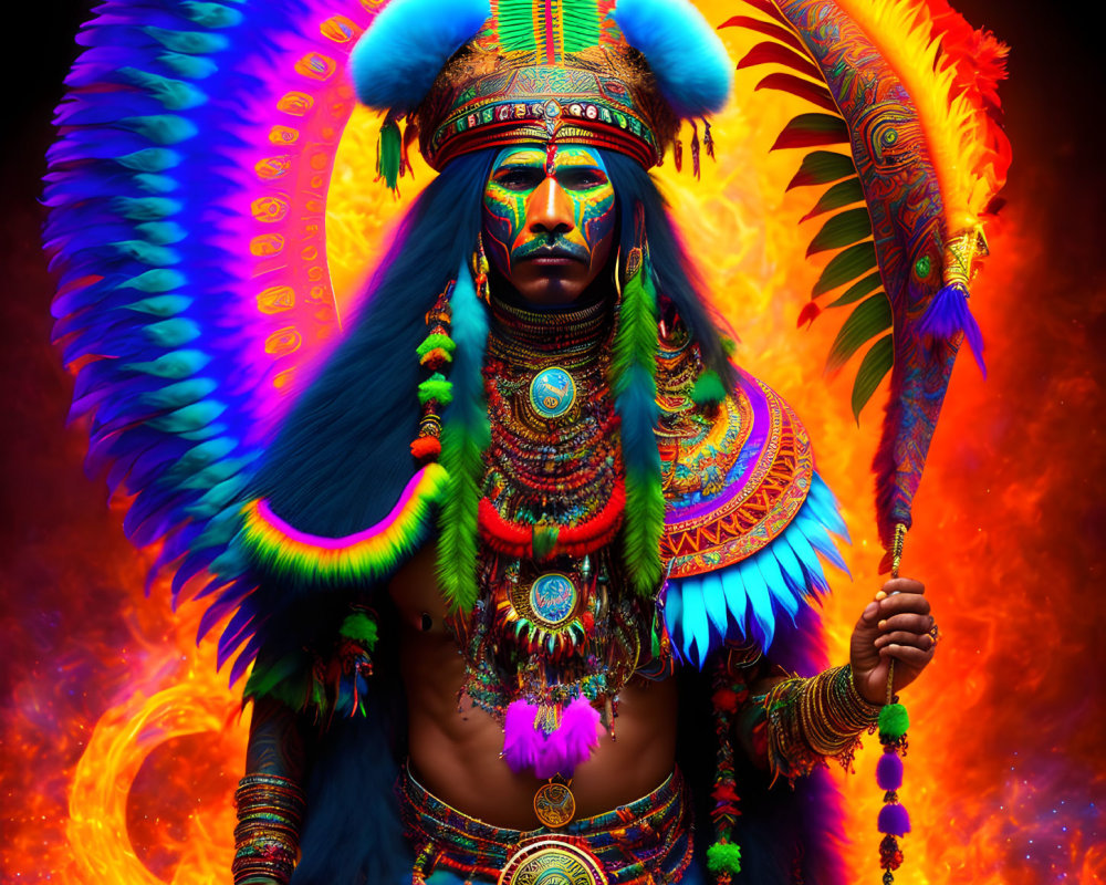 Colorful Indigenous Costume Portrait Against Fiery Background