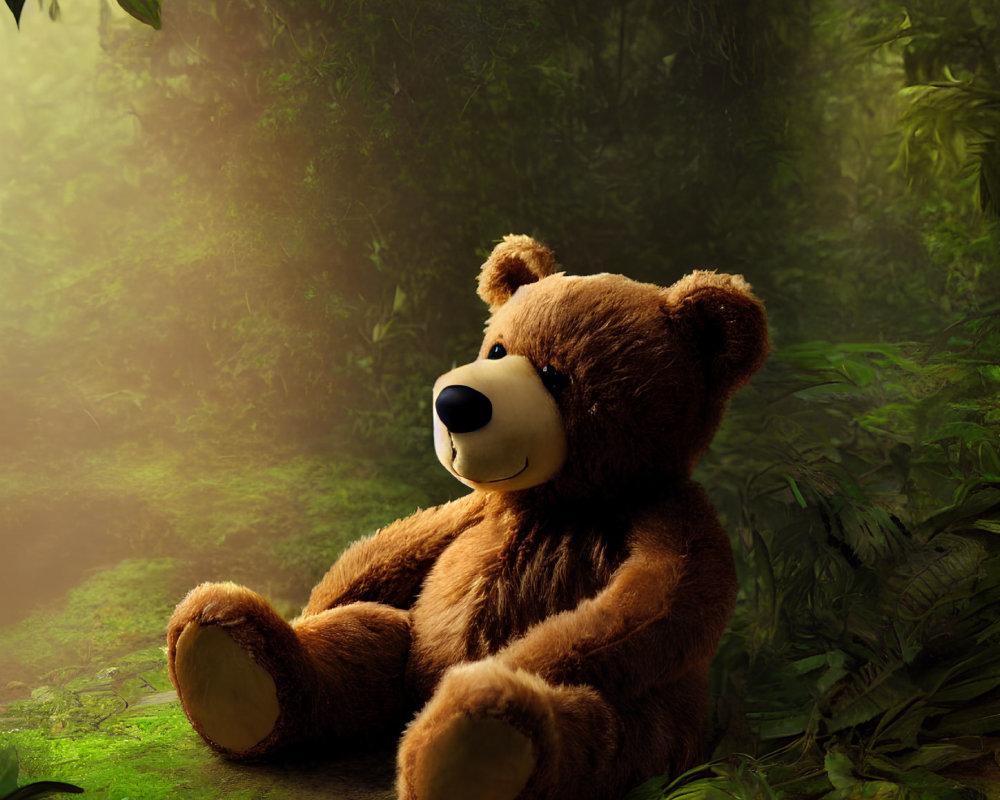 Fluffy teddy bear in misty forest with sunlight filtering through foliage