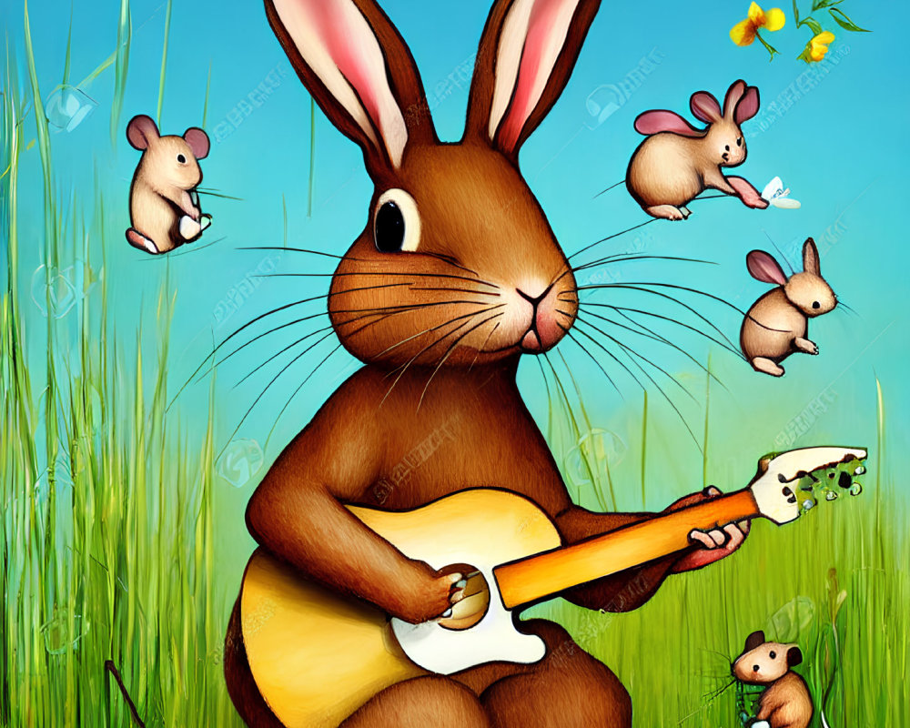 Brown Rabbit Playing Acoustic Guitar in Grass Field with Mice and Butterflies