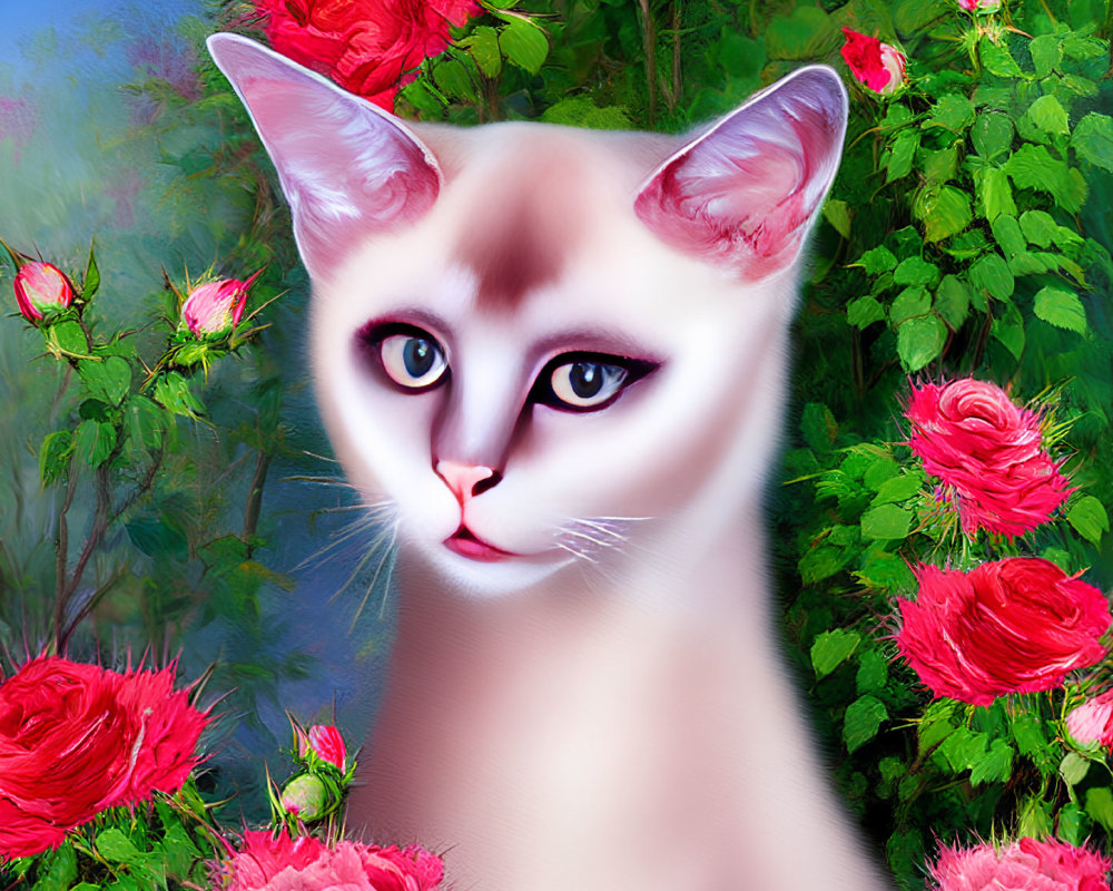 Surreal cat with human-like face among red roses and green foliage