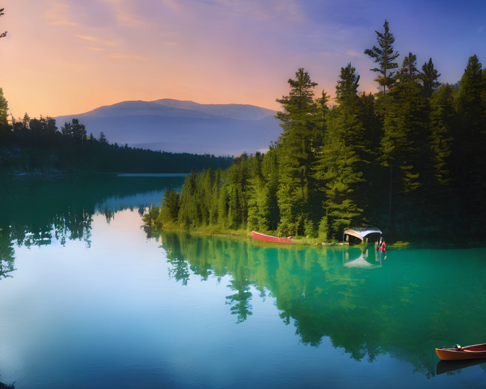 Tranquil Sunset Scene: Lake, Jetty, Canoes, Evergreen Trees, Mountains,