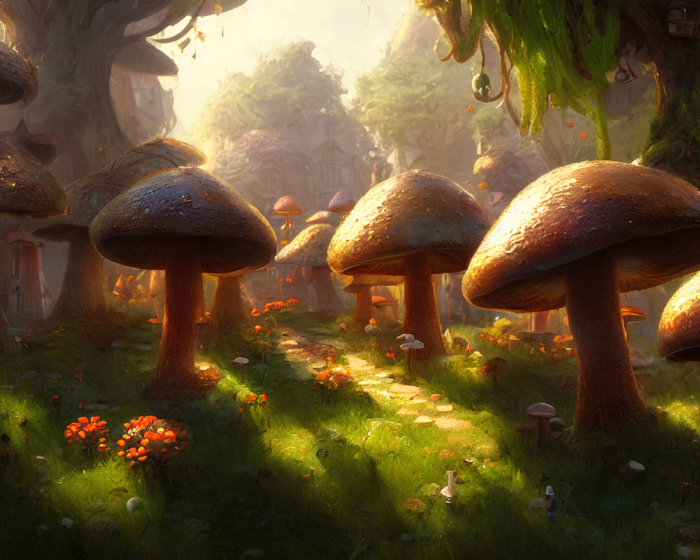 Enchanting forest with oversized mushrooms and quaint houses