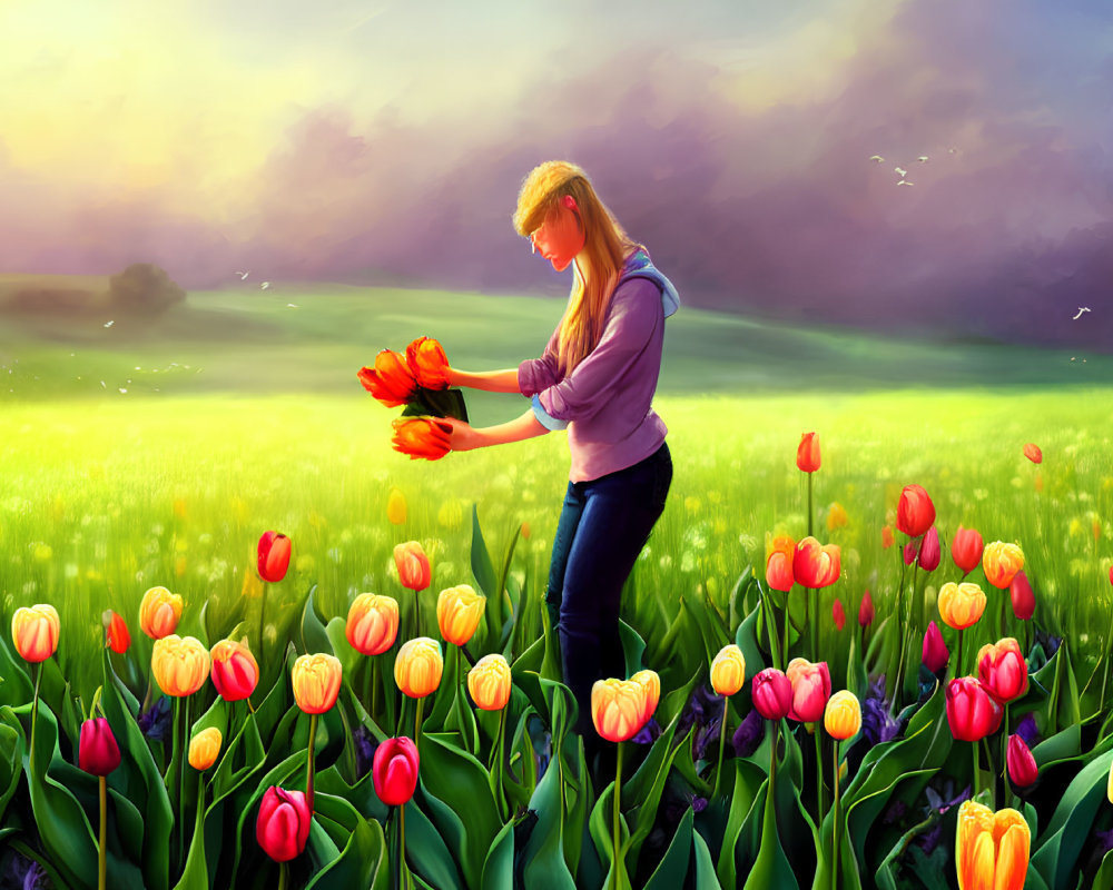 Person standing in vibrant tulip field at sunset with freshly picked flowers
