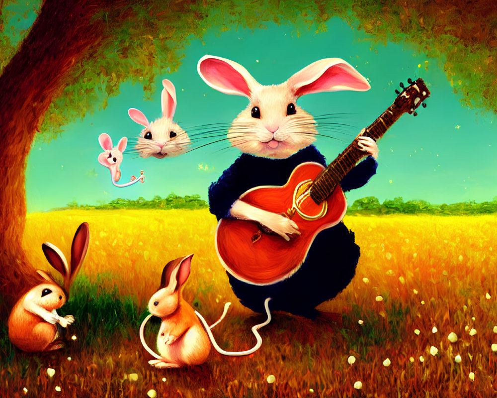 Four Cartoon Rabbits Playing Guitar in Sunny Meadow