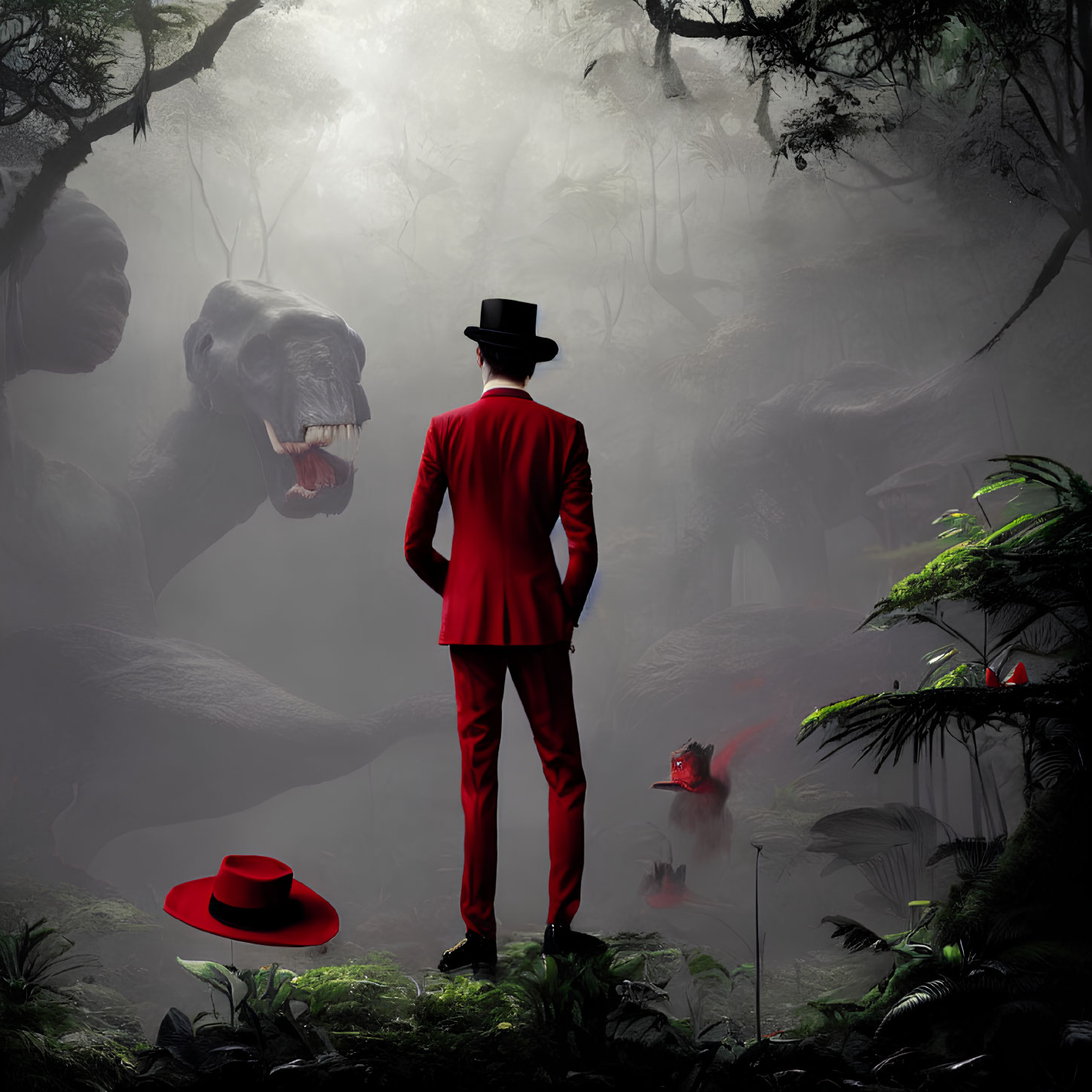 Person in Red Suit and Black Hat in Misty Jungle with Giant Creatures and Red Frog