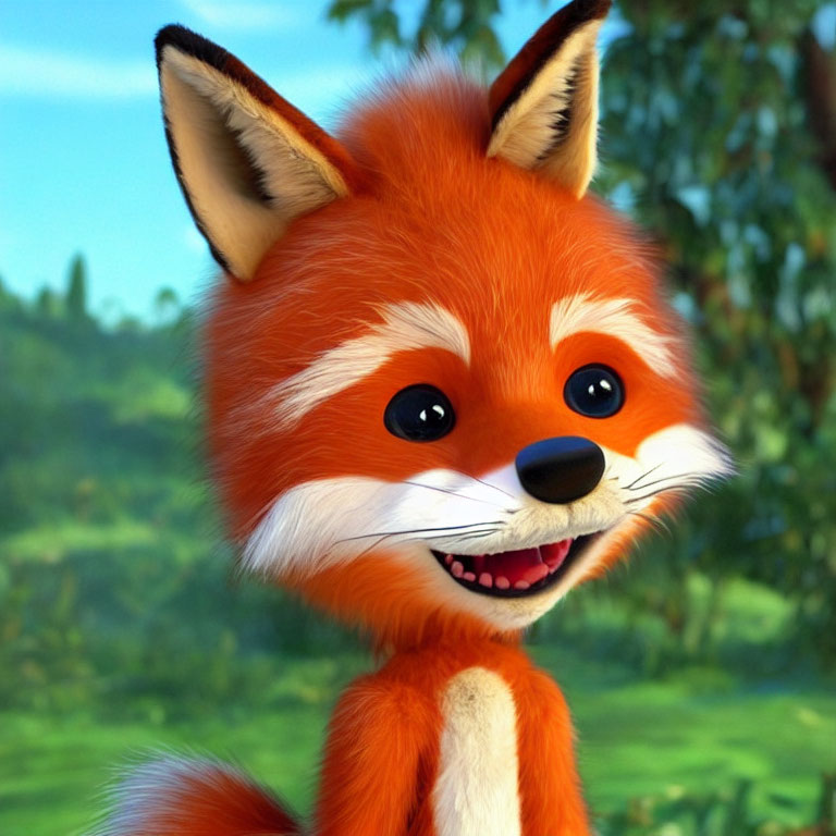 Animated red fox with large eyes in green environment