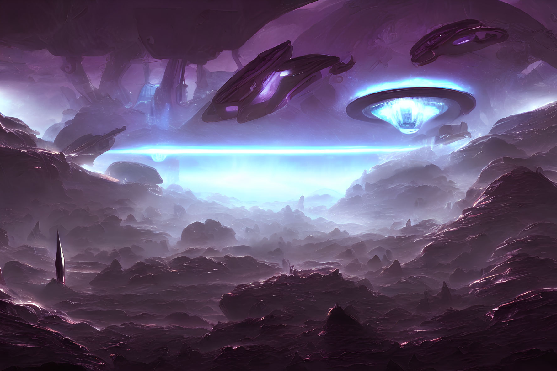 Futuristic sci-fi landscape with towering rock formations and mysterious spacecraft in purple sky