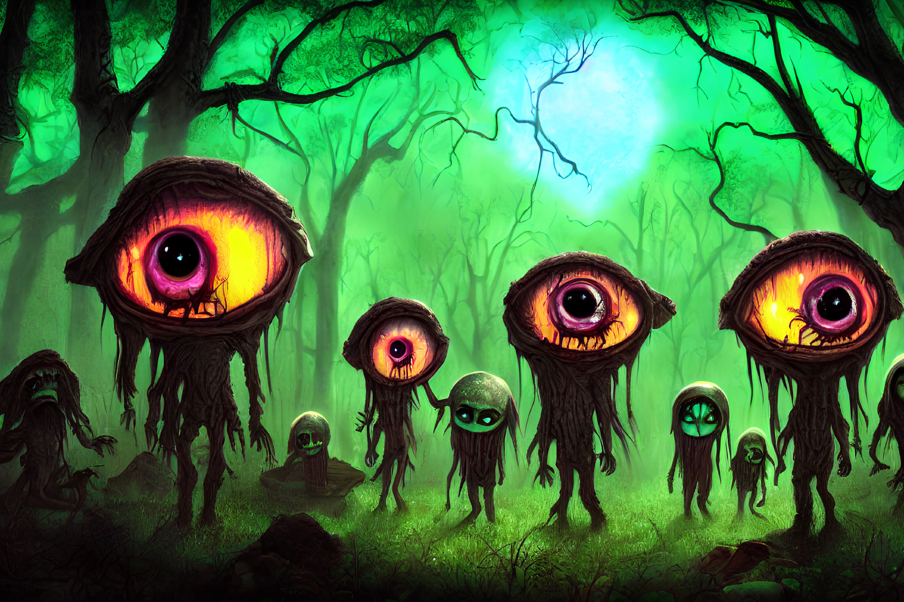 Mysterious Forest with Glowing-Eyed Creatures among Twisted Trees