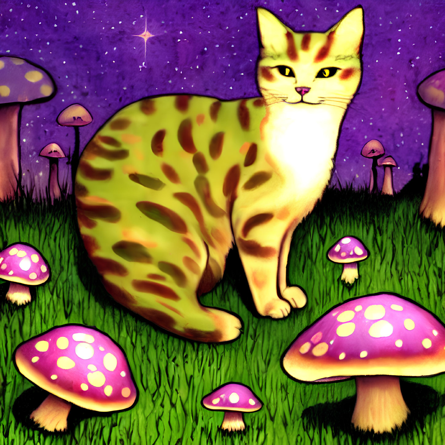 Spotted cat with purple mushrooms under starry sky