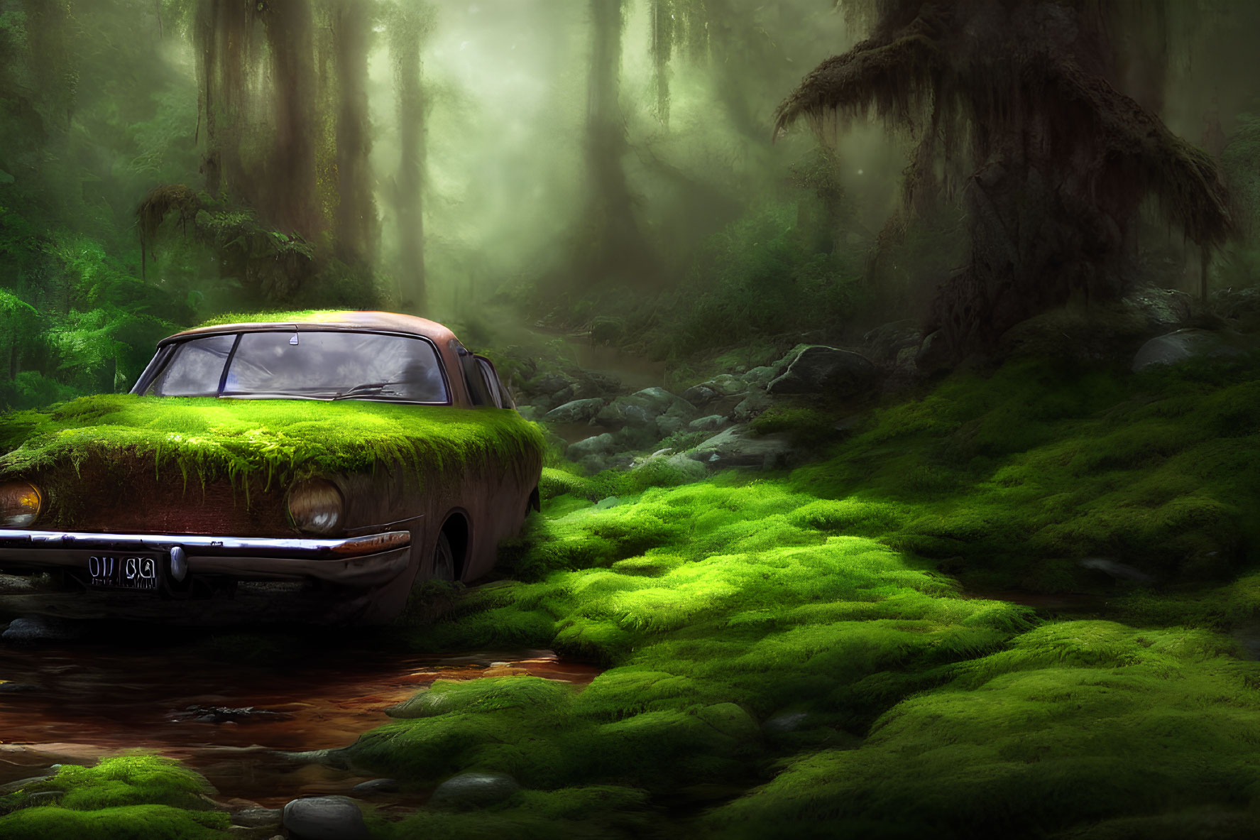 Abandoned moss-covered car in misty green forest