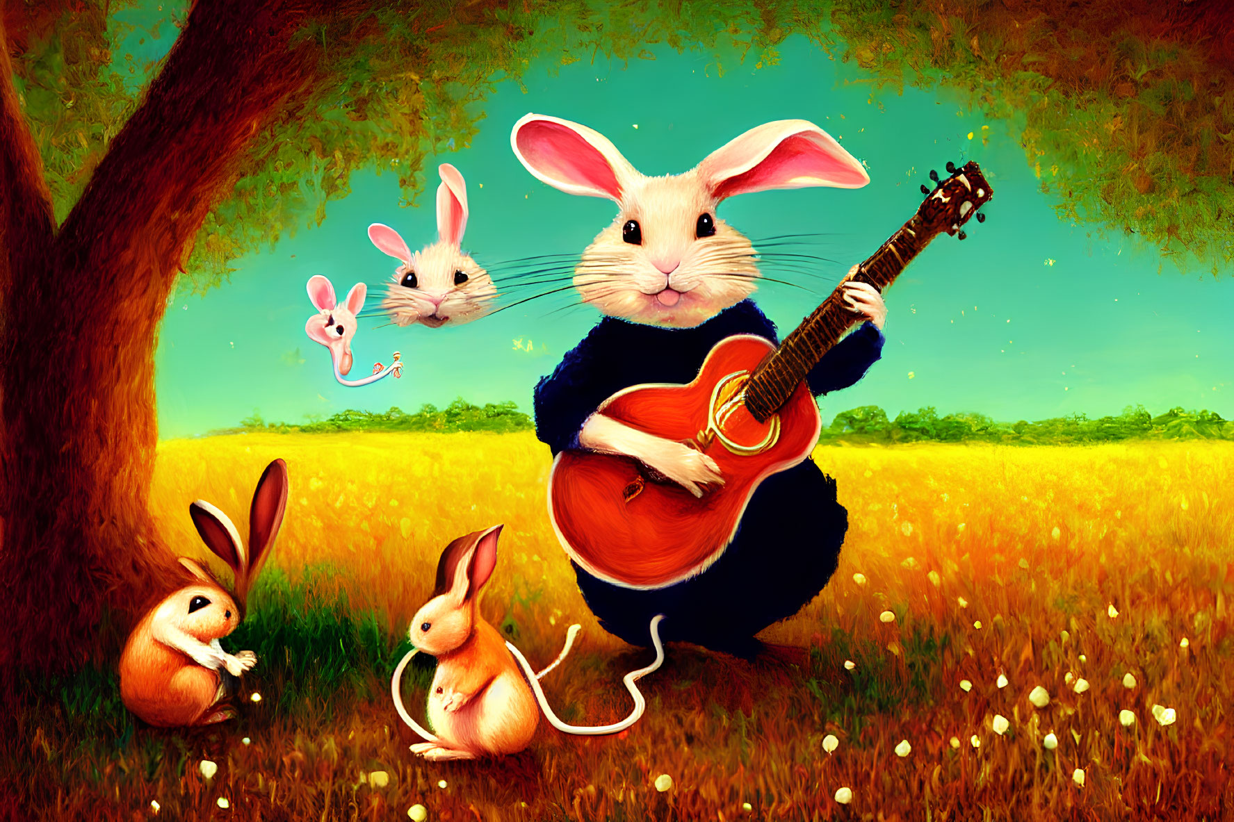Four Cartoon Rabbits Playing Guitar in Sunny Meadow