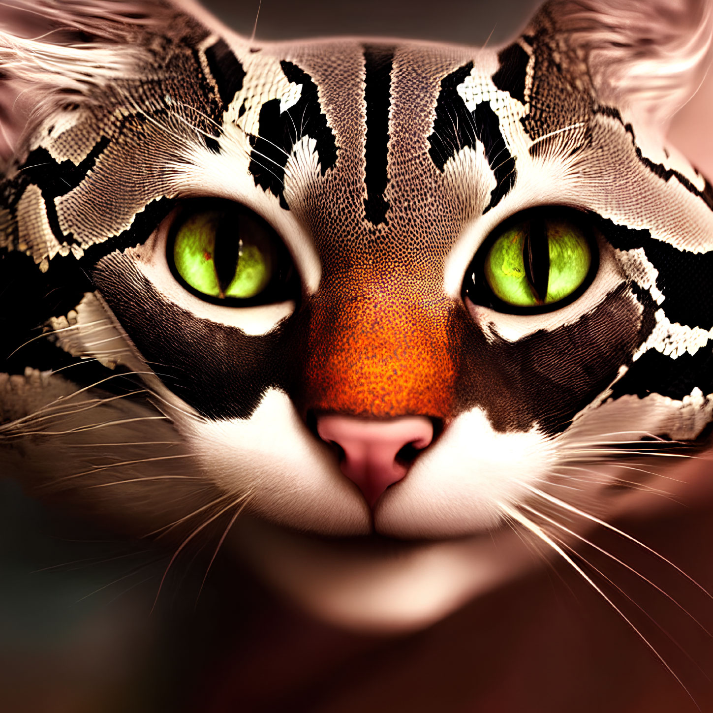 Stylized cat with green eyes and intricate fur patterns