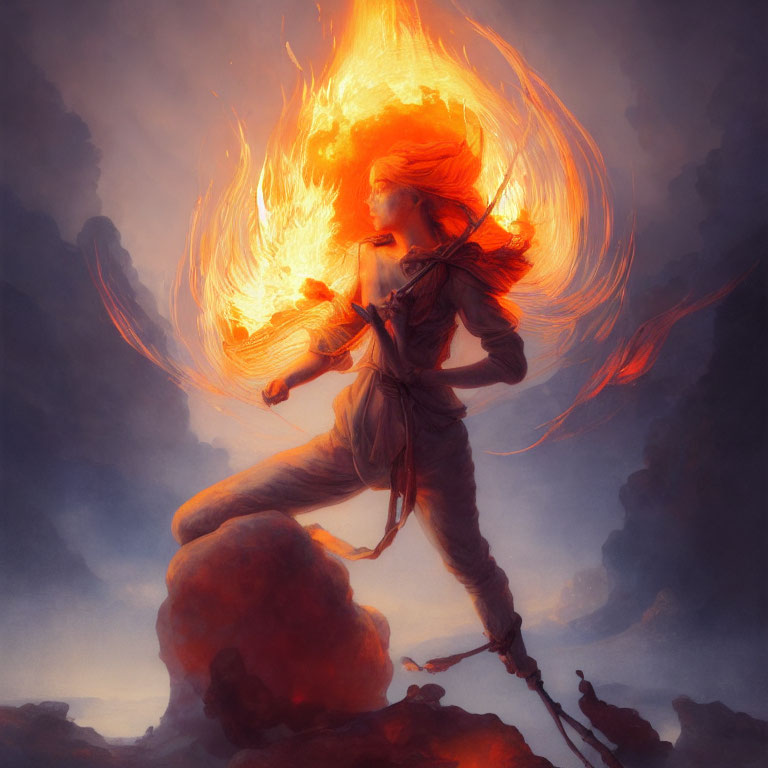 Fiery-haired figure conjures blazing inferno in dramatic sky