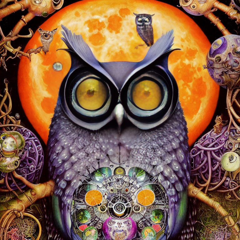 Surreal owl illustration with hypnotic yellow eyes and mechanical body features