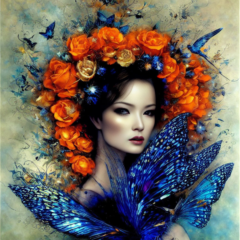 Woman with Floral Crown and Butterfly Wings on Textured Blue and Brown Background