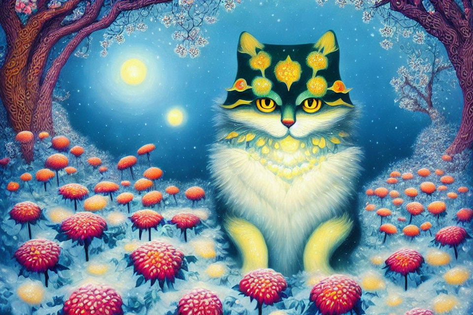 Whimsical cat with flower crown in enchanted forest scene