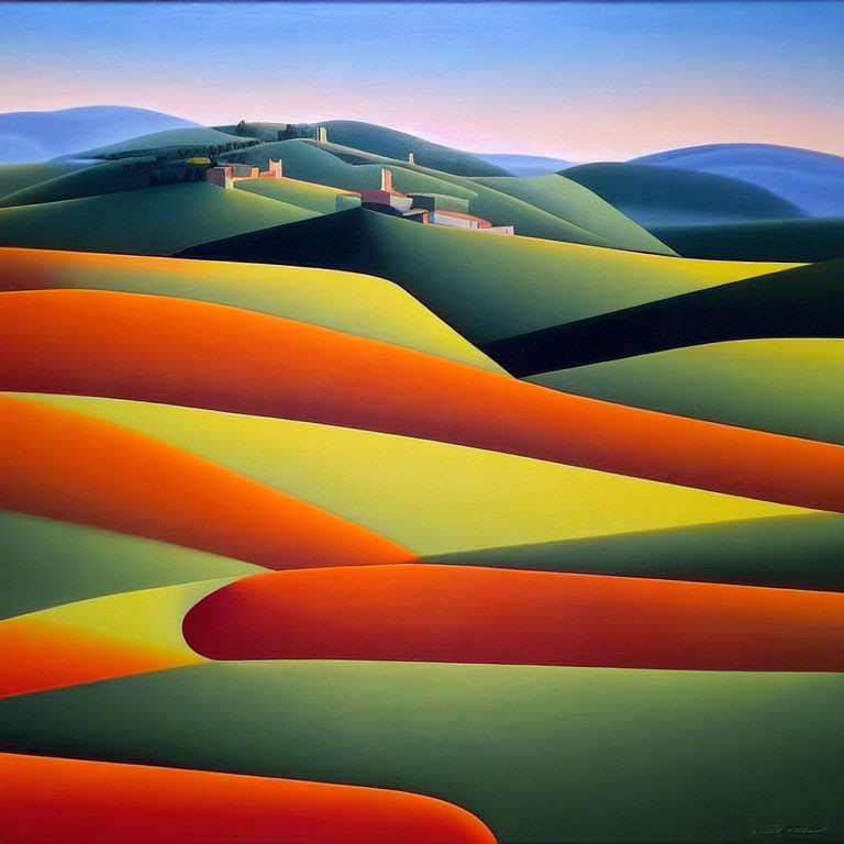 Colorful painting of rolling hills with village under dusky sky