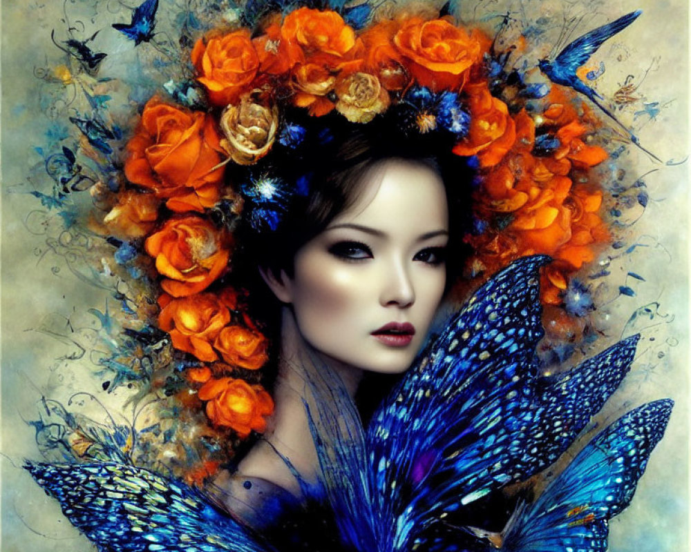 Woman with Floral Crown and Butterfly Wings on Textured Blue and Brown Background