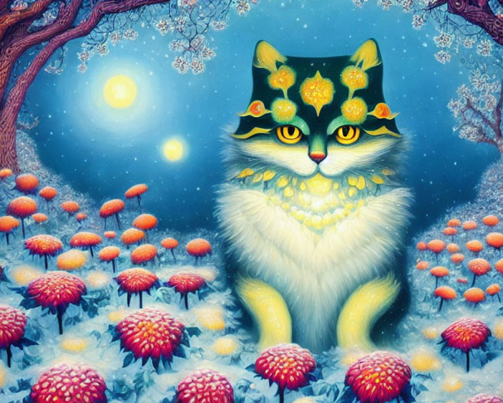 Whimsical cat with flower crown in enchanted forest scene