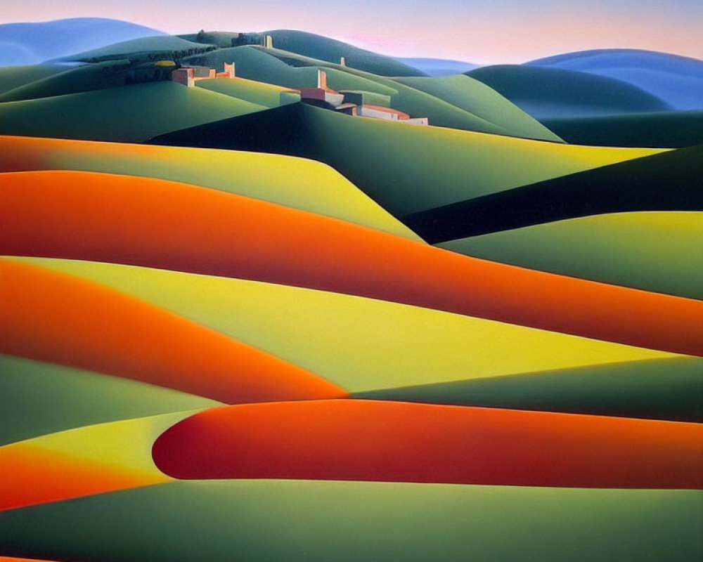 Colorful painting of rolling hills with village under dusky sky