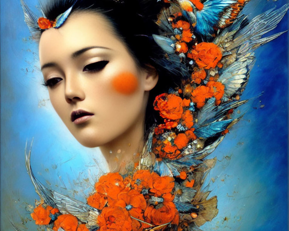 Portrait of Woman with Orange Flowers and Feathers on Blue Background