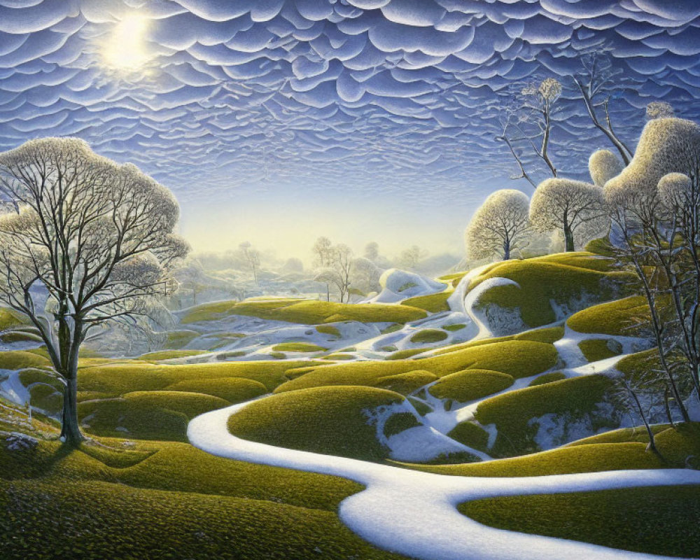 Surreal landscape featuring winding river, snow-covered hills, bare trees, and bright sun
