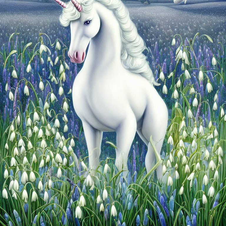 White Unicorn with Pink Horn in Field of Flowers under Starry Night Sky