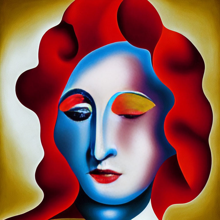 Vibrant surreal digital art: distorted face in red, blue, yellow on white