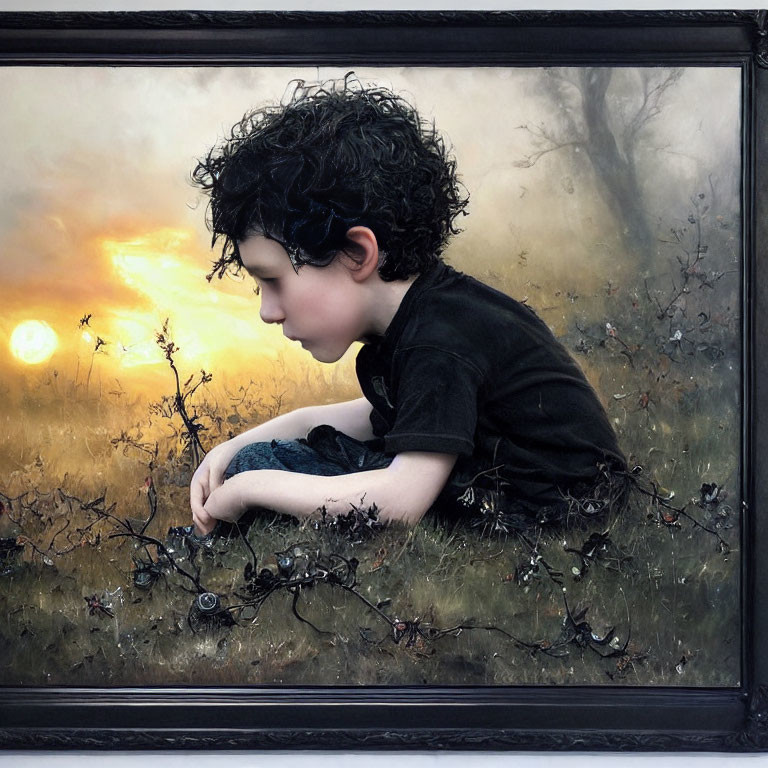 Curly-Haired Boy in Black Shirt Sitting in Field at Sunset