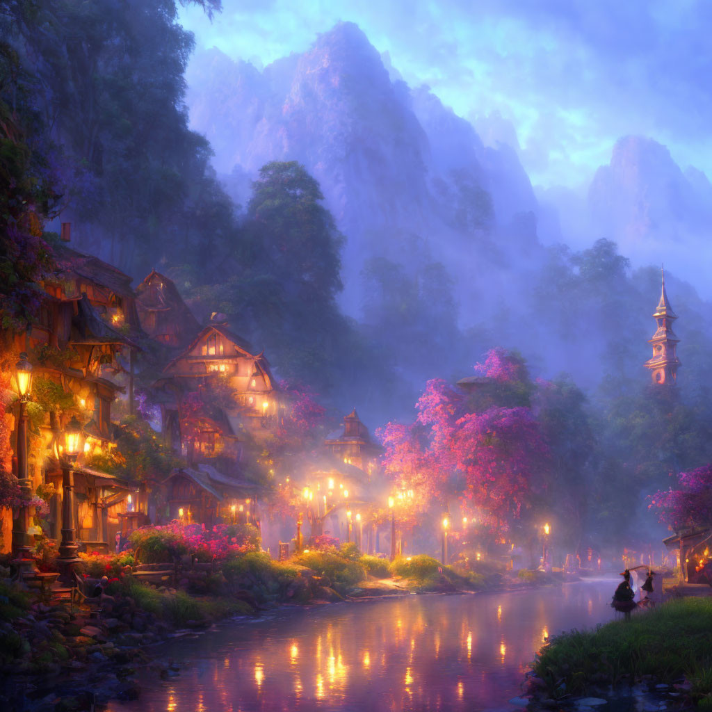 Scenic twilight village nestled among mountains and waterway trees