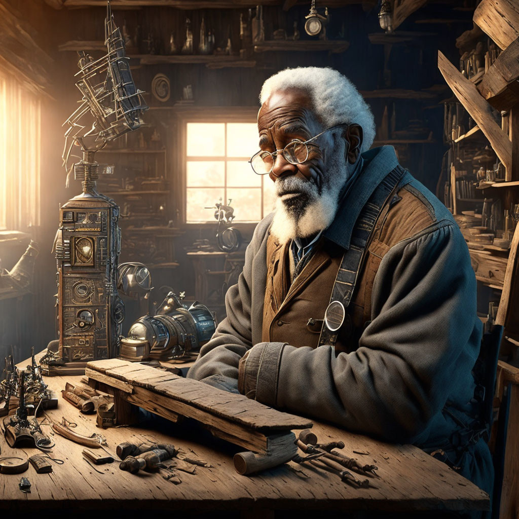 Elderly Man in Workshop with Wooden Models and Mechanical Parts