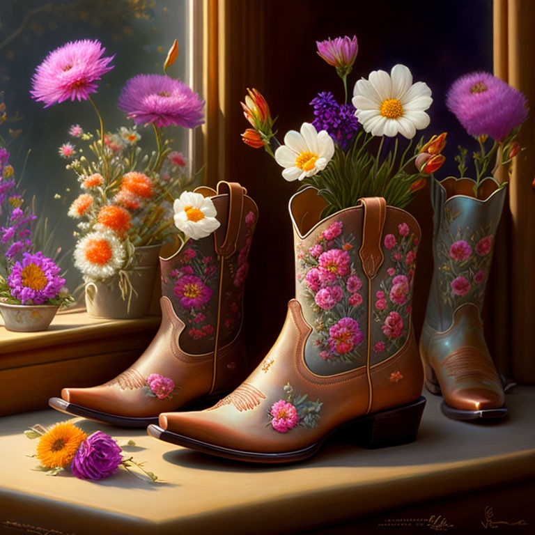 Still Life Painting: Ornate Cowboy Boots and Vibrant Flowers beside Window