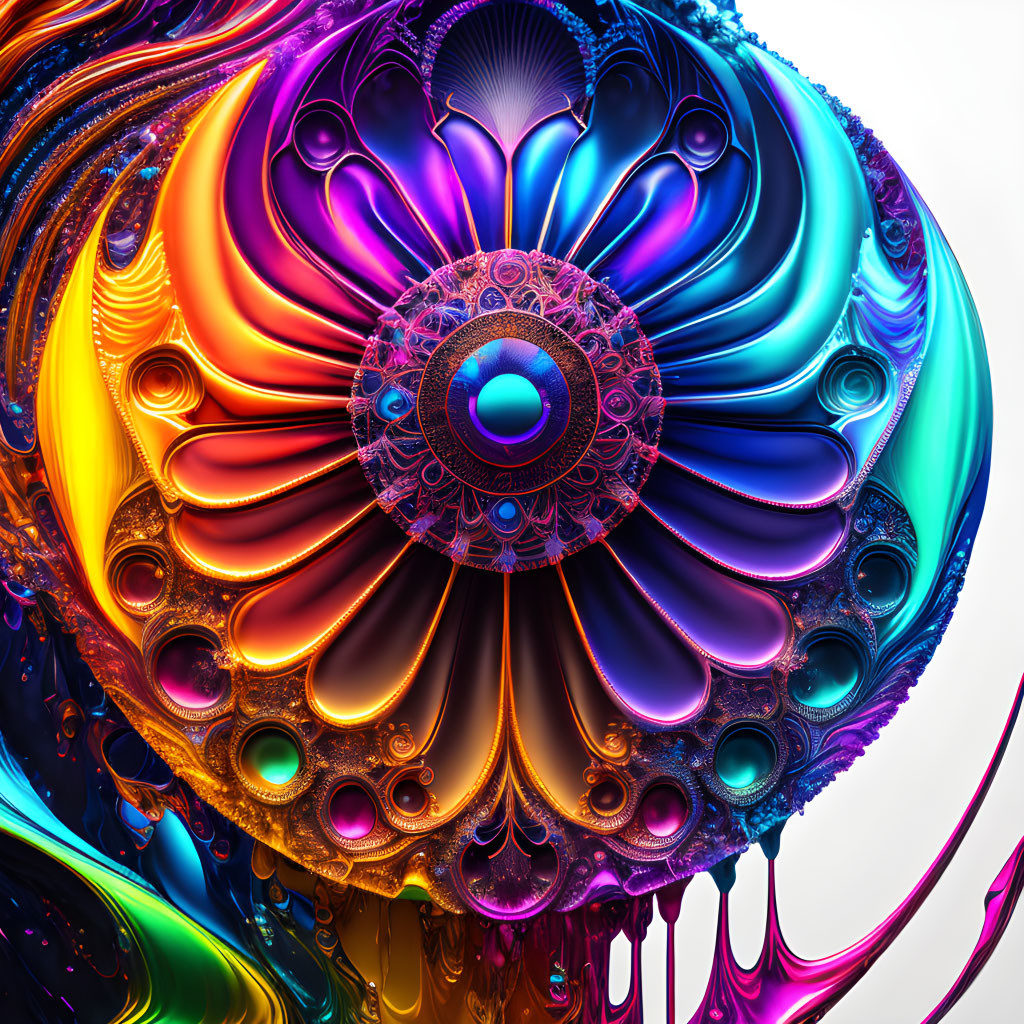 Colorful fractal-like digital art with swirling symmetrical design