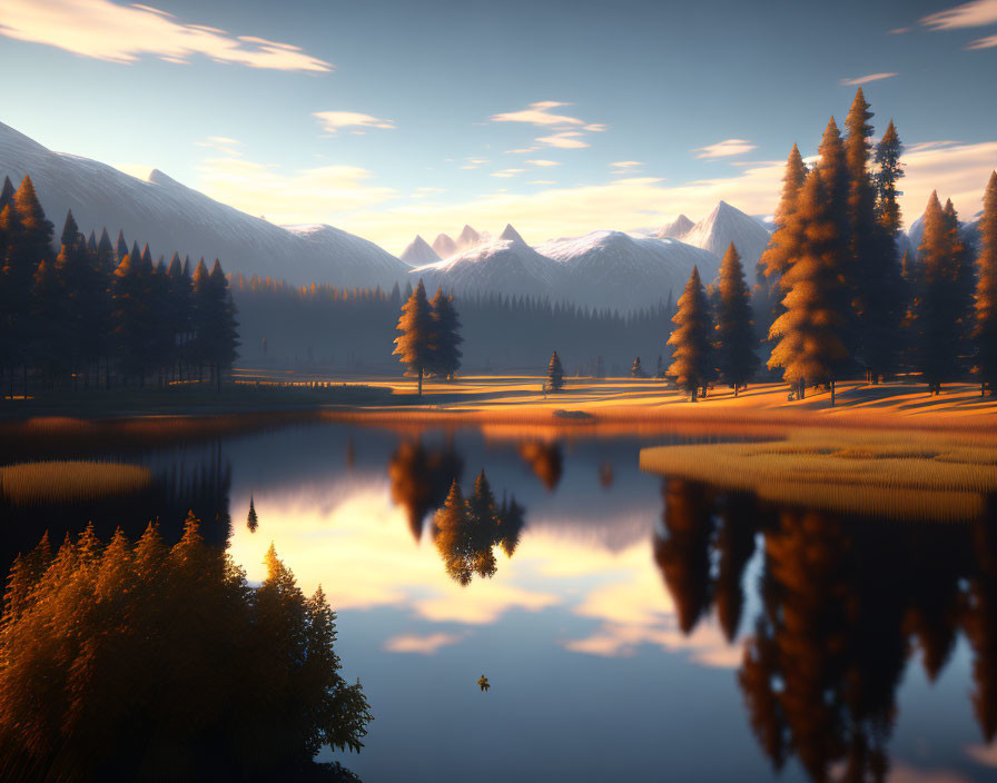 Tranquil landscape with reflective lake, golden trees, and snowy mountains at sunrise