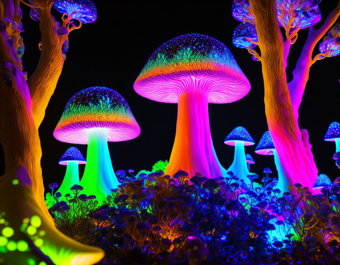 Bioluminescent mushrooms forest 