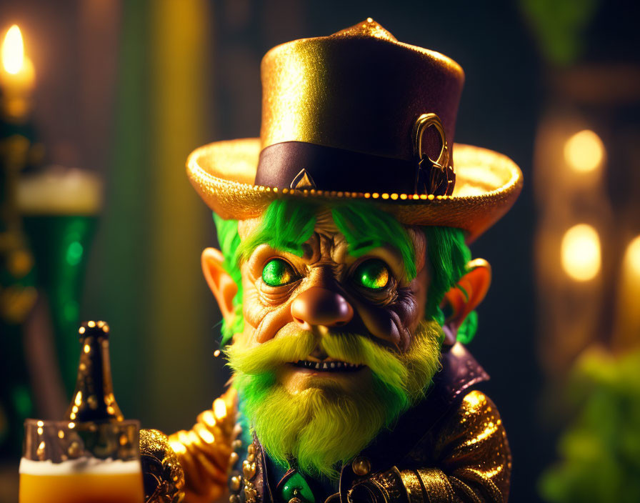 Whimsical leprechaun with green beard and top hat holding beer in festive St. Patrick
