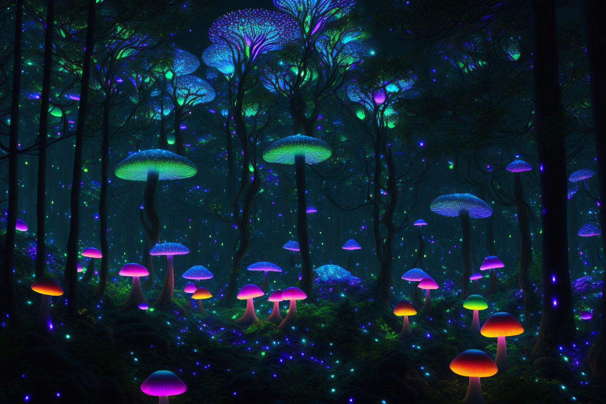 Bioluminescent mushrooms forest