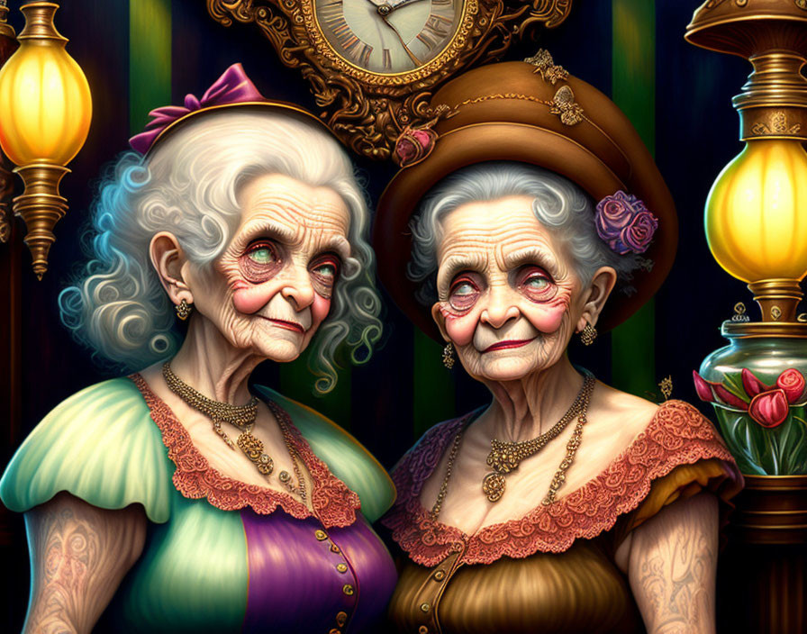 Elderly Animated Women in Victorian Attire and Hats