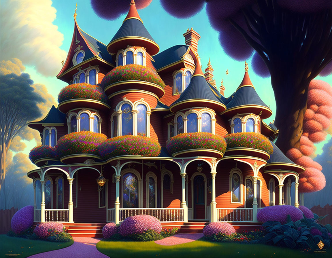 Victorian-style house in lush garden at twilight