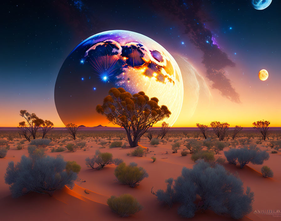 Vibrant surreal desert landscape with fantastical planet in twilight