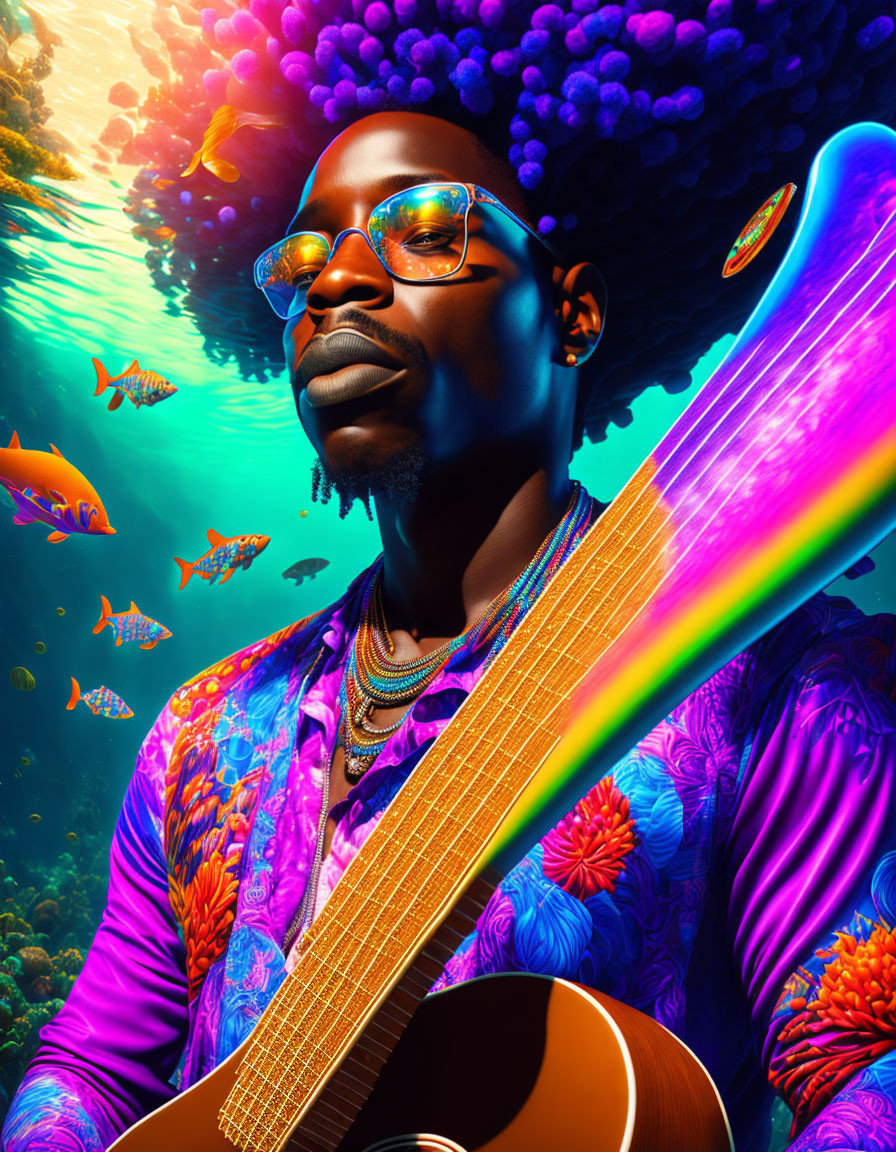 Person playing guitar underwater with colorful coral and fish.
