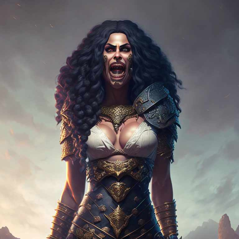 Fantasy artwork of fierce female warrior in ornate armor under dramatic sky