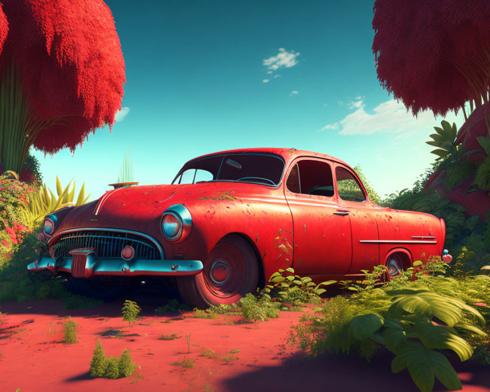 Abandoned red car in vibrant forest with oversized foliage