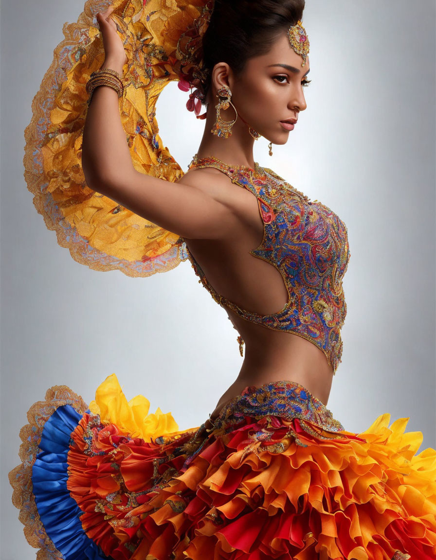 She's dancing in a beautiful flamenco dress
