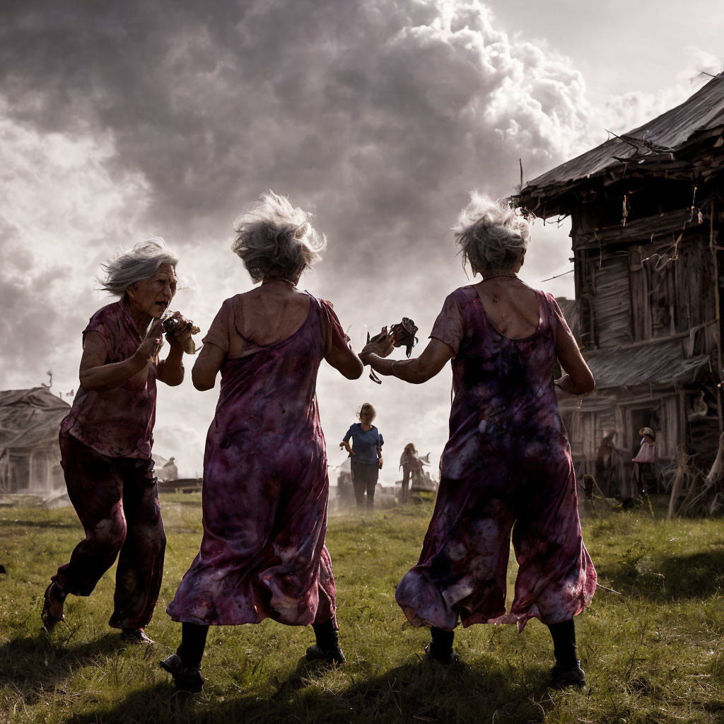 Elderly Women in Purple Dresses Dancing in Field with Child and Wooden House