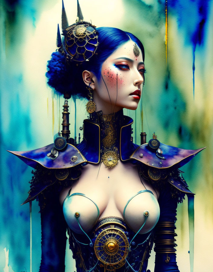 Stylized digital artwork of a blue-skinned woman in elaborate fantasy armor