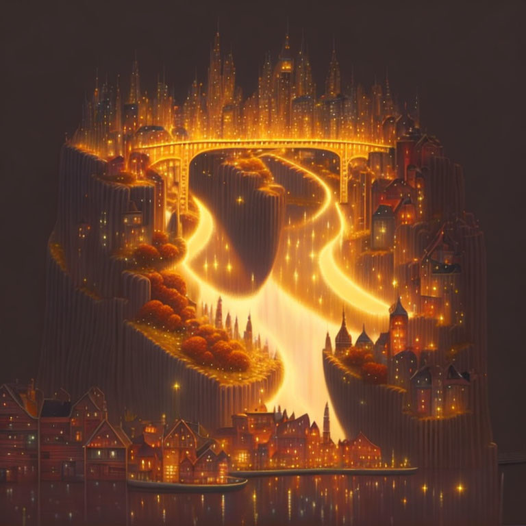 Glowing golden pathways and waterfalls in a fantastical mountain city