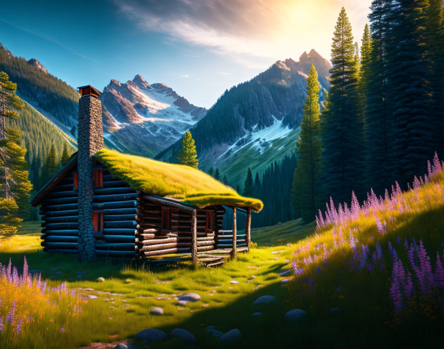 A cabin in a summer mountain meadow
