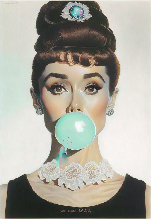 Audrey Hepburn blowing bubblegum
